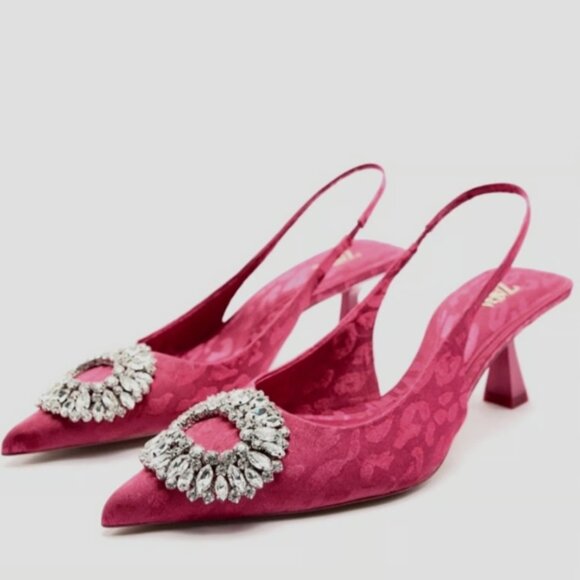 Zara Embellished Hot Pink Leopard Kitten Heels Size 9 EU 39 - Picture 1 of 6